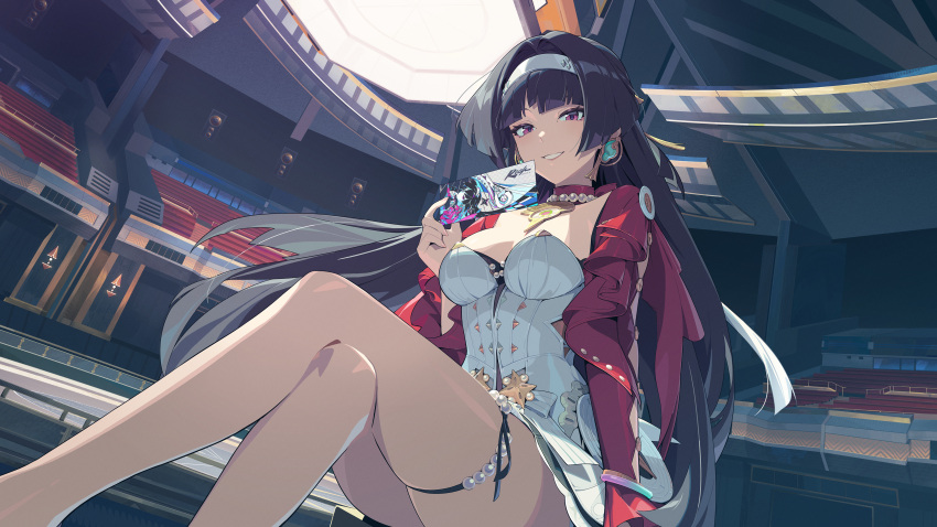 1girl absurdres astra_yao bad_link black_hair breasts cleavage crossed_legs dress earrings feet_out_of_frame hairband highres hime_cut jewelry large_breasts long_hair looking_at_viewer necklace official_art official_wallpaper red_eyes sitting skindentation smile solo thigh_strap thighs ticket white_dress white_hairband zenless_zone_zero