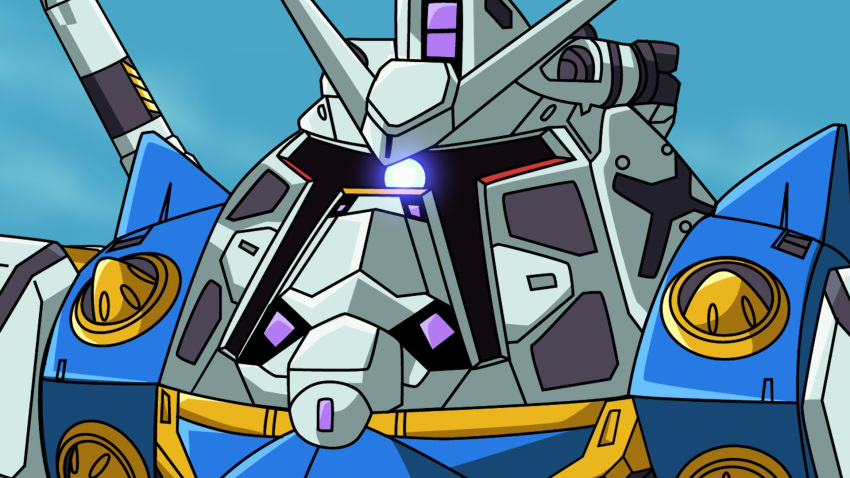 glowing glowing_eyes gundam gundam_gquuuuuux highres mecha mecha_focus mobile_suit no_humans one-eyed parody purple_eyes reprilo_channel robot science_fiction v-fin white_gundam zeon zock zooming_in