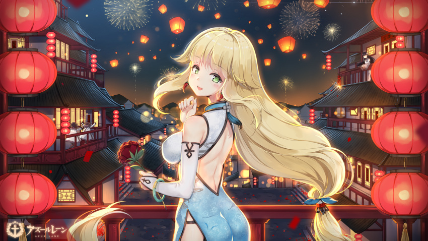 :d absurdly_long_hair aerial_fireworks anchor_symbol architecture aurora_(f10)_(azur_lane) azur_lane backless_dress backless_outfit bangs black_hair blonde_hair blue_dress blush bridal_gauntlets china_dress chinese_clothes commentary_request copyright_name dress earrings east_asian_architecture eyebrows_visible_through_hair fireworks flower gradient gradient_clothes gradient_dress green_eyes holding holding_flower jacket jewelry lantern long_hair long_sleeves looking_at_viewer looking_back low-tied_long_hair maya_g multiple_girls night night_sky ning_hai_(azur_lane) open_mouth paper_lantern ping_hai_(azur_lane) red_flower red_rose rose sky sleeveless sleeveless_dress smile solo_focus very_long_hair white_dress white_jacket window yat_sen_(azur_lane)