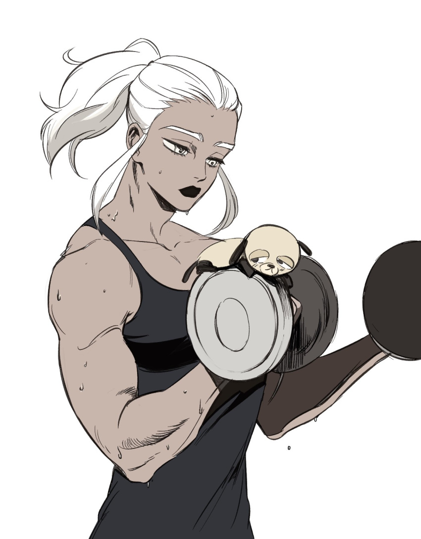 black_lipstick commentary_request dark_skin dog eyebrows gyeoggi_3_ban highres korean_commentary lipstick makeup maria_dacascos muscle muscular_female pipi(egooegoo000) ponytail shoulders silver_hair sweat sweatdrop tank_top tied_hair training weights white_background