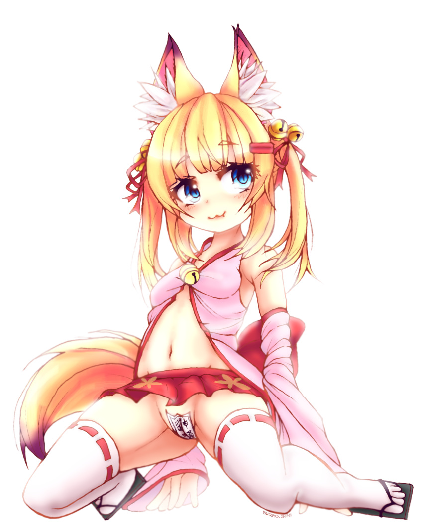 :3 absurdres animal_ears bad_feet bell blonde_hair blue_eyes cellbus-chan commentary_request detached_sleeves fox_ears fox_tail hair_ornament hairclip highres jingle_bell kemomimi_oukoku_kokuei_housou kneeling long_hair maebari microskirt mikoko_(kemomimi_oukoku_kokuei_housou) miniskirt navel no_panties open_clothes open_shirt pink_shirt red_skirt ribbon shirt skirt smile solo spread_legs tail thighhighs twintails virtual_youtuber white_legwear