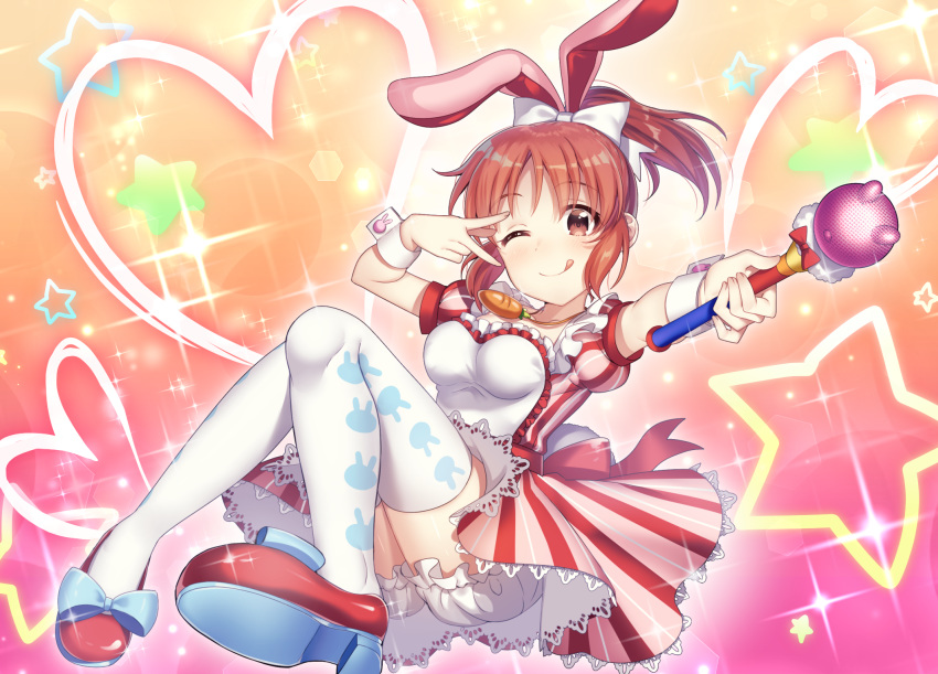 ;q abe_nana animal_ears bangs blush bow breasts brown_eyes brown_hair bunny_ears carrot_necklace closed_mouth cuffs dress eyebrows_visible_through_hair fake_animal_ears frilled_dress frills glowing hair_bow heart high_ponytail highres ichiren_namiro idolmaster idolmaster_cinderella_girls jewelry medium_breasts necklace one_eye_closed ponytail shoes short_sleeves sitting smile solo sparkle sparkle_background thighhighs tongue tongue_out underwear v wand white_legwear