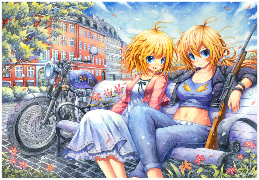 ahoge artist_name bench blonde_hair blue_eyes blush breasts cleavage closed_mouth commission crop_top day denim emperpep eyebrows_visible_through_hair ground_vehicle gun jeans large_breasts long_hair looking_at_viewer motor_vehicle motorcycle multiple_girls navel original outdoors pants parted_lips signature sitting smile traditional_media watercolor_(medium) weapon