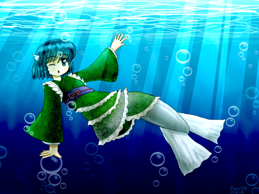 animal blue_hair bubbles fish japanese_clothes kimono mermaid short_hair touhou underwater wakasagihime water