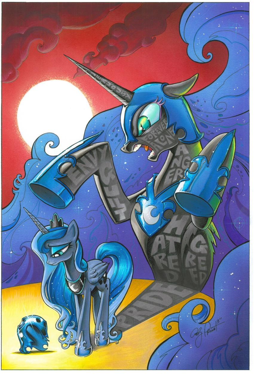 2013 absurd_res andypriceart armor blue_feathers blue_hair border cloud cosmic_hair crown cutie_mark english_text equine eyebrows eyelashes eyeshadow feathered_wings feathers female feral friendship_is_magic frown hair helmet hi_res hooves horn long_hair looking_down makeup mammal mascara my_little_pony nightmare_moon_(mlp) nude open_mouth portrait princess_luna_(mlp) royalty sad shadow signature sky slit_pupils solo standing sun teal_eyes teeth text tongue traditional_media_(artwork) white_border winged_unicorn wings