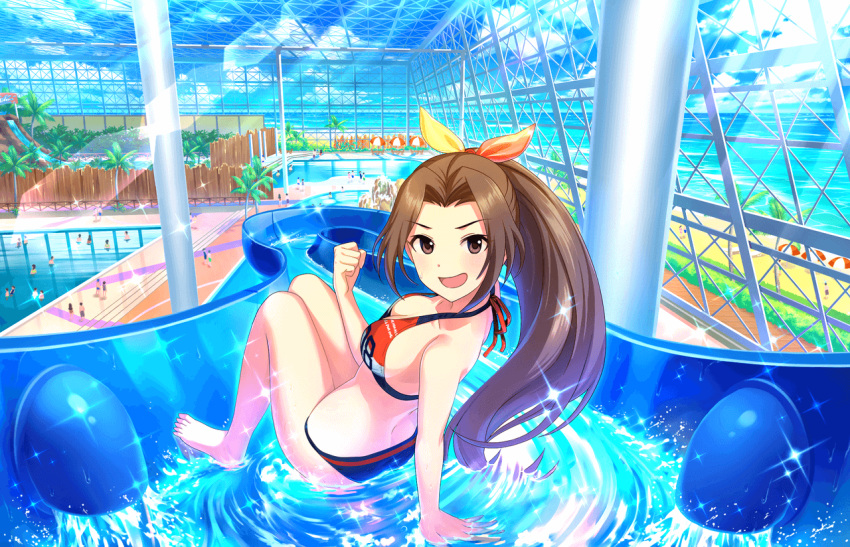 aino_nagisa artist_request bikini blue_bikini_bottom bow breasts brown_eyes brown_hair cleavage collarbone hair_bow idolmaster idolmaster_cinderella_girls idolmaster_cinderella_girls_starlight_stage long_hair long_ponytail looking_at_viewer medium_breasts mismatched_bikini multicolored multicolored_bikini_top multicolored_clothes official_art open_mouth palm_tree partially_submerged ponytail pool smile solo sweatdrop swimsuit tree water_slide
