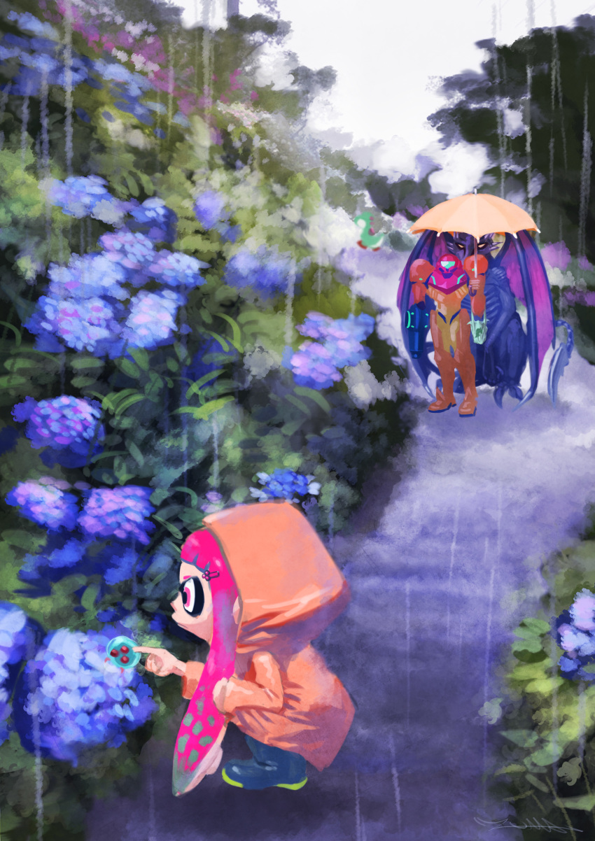 absurdres alien arm_cannon bad_id bad_tumblr_id bag boots claws dinosaur dragon flower hair_ornament hairpin handbag highres hydrangea inkling mario_(series) mask metroid metroid_(creature) monster multiple_girls power_suit rain raincoat ridley samus_aran shared_umbrella splatoon_(series) super super_mario_bros. super_smash_bros. super_smash_bros._ultimate tail tentacle_hair umbrella varia_suit weapon wings yellow_eyes yoshi