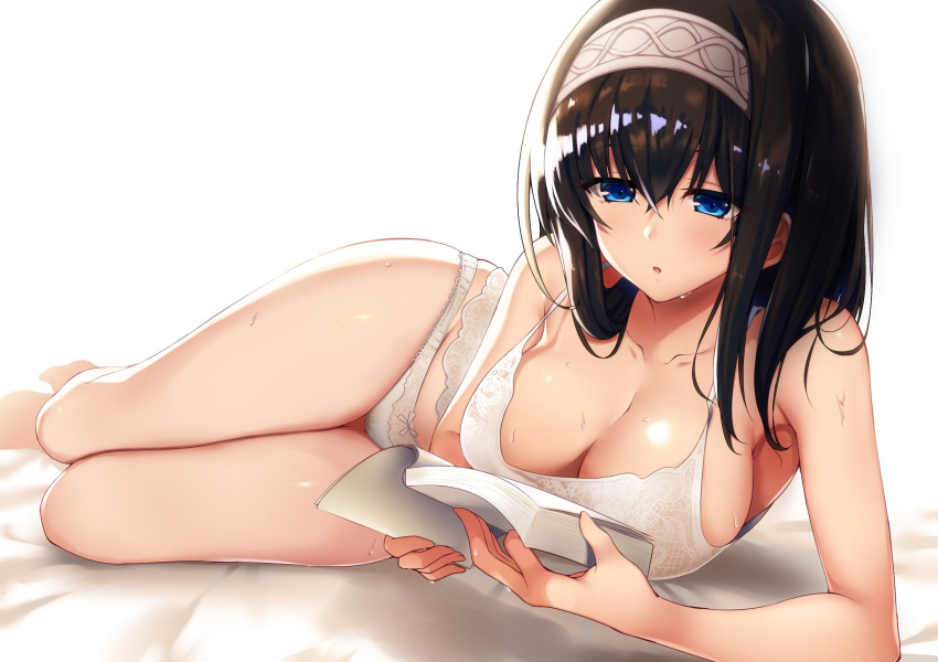 :o arm_support bare_shoulders bed_sheet black_hair blue_eyes blush book bow bow_panties breasts camisole cleavage collarbone eyebrows_visible_through_hair eyes_visible_through_hair groin hair_between_eyes hairband half-closed_eyes highres holding holding_book idolmaster idolmaster_cinderella_girls lace lace-trimmed_panties lace_trim large_breasts long_hair lying on_side open_book panties raiou reading sagisawa_fumika see-through shiny shiny_hair simple_background skindentation solo strap_gap sweat thigh_gap underwear underwear_only white_camisole white_panties