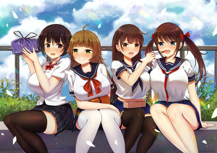 :d ahoge bangs bench black_legwear blue_eyes blue_sky blunt_bangs blush breasts brown_eyes brown_hair commentary_request day eyebrows_visible_through_hair feeding fou_zi hair_between_eyes highres huge_breasts large_breasts leaning_forward light_brown_hair long_hair looking_at_another multiple_girls neckerchief obentou open_mouth original outdoors pleated_skirt railing sailor_collar school_uniform serafuku shirt short_hair sitting skindentation skirt sky smile symbol-shaped_pupils thighhighs thighs twintails uniform white_legwear white_shirt wrapped_obentou