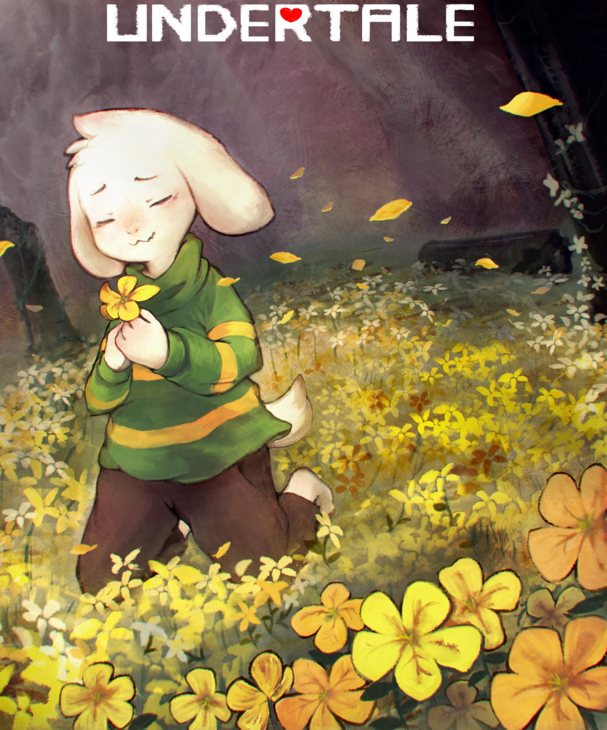 anthro asriel_dreemurr barefoot caprine clothed clothing detailed_background english_text eyes_closed flower fully_clothed goat hi_res kneeling mammal plant sarusa1 solo text undertale video_games