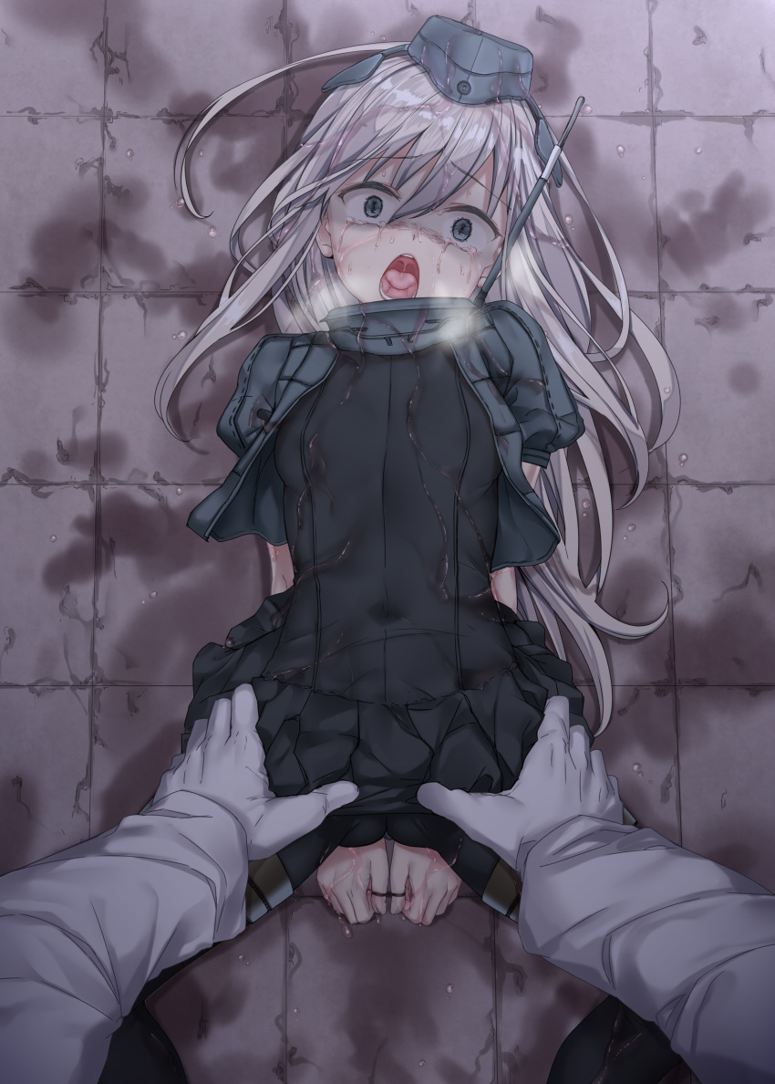 1girl absurdres arms_behind_back ass bangs blonde_hair blue_eyes bound_thumbs breasts breathing commentary constricted_pupils cropped_jacket crying crying_with_eyes_open eyebrows_visible_through_hair garrison_cap hair_ornament hands_on_another's_thighs hat headgear highres jaku_denpa kantai_collection long_hair lying military military_uniform on_back on_floor open_mouth pov scared shaded_face sidelocks small_breasts solo_focus spread_legs swimsuit tears tongue u-511_(kantai_collection) uniform uvula wet