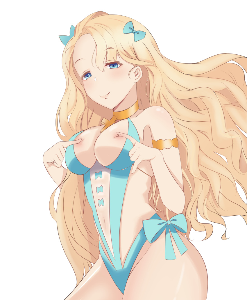 absurdres alternate_costume armlet armpits ass azur_lane bangs bare_shoulders blonde_hair blue_bow blue_eyes blue_swimsuit bow bow_swimsuit breasts choker cleavage closed_mouth commentary emile_bertin_(azur_lane) eyebrows_visible_through_hair groin hair_between_eyes hair_bow hair_ornament half-closed_eyes hands_on_own_breasts highres long_hair looking_at_viewer medium_breasts navel one-piece_swimsuit sidelocks simple_background skindentation smile solo sparkling_eyes stomach swimsuit tastysalt thighs very_long_hair wavy_hair white_background