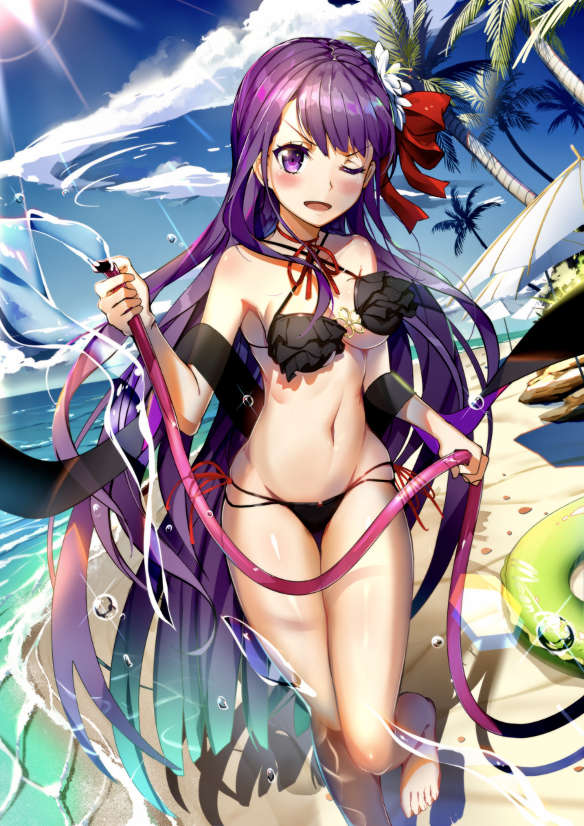 absurdres aqua_hair barefoot bb_(fate)_(all) bb_(fate/extra_ccc) beach bikini black_bikini blue_sky blush breasts cleavage cloud day fate/extra fate/extra_ccc fate_(series) floating_hair gradient_hair halterneck highres holding innertube leg_up long_hair lu" medium_breasts multi-strapped_bikini multicolored_hair ocean one_eye_closed open_mouth outdoors palm_tree parasol purple_eyes purple_hair sideboob sky solo standing standing_on_one_leg sunlight swimsuit tree two-tone_background umbrella underboob very_long_hair