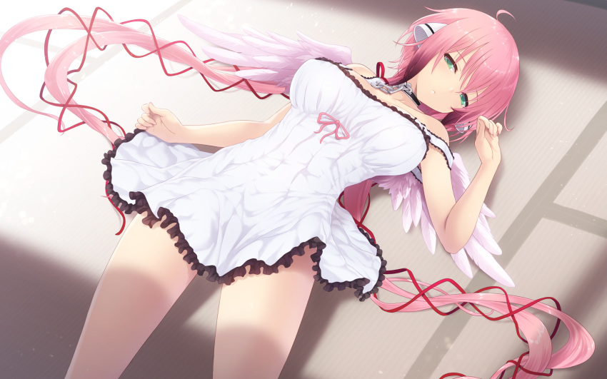 ahoge angel_wings aqua_eyes blush breasts cait chain collar cowboy_shot dress dutch_angle feathered_wings frilled_dress frills green_eyes highres ikaros large_breasts long_hair looking_at_viewer lying on_back parted_lips pink_hair ribbon sleeveless sleeveless_dress solo sora_no_otoshimono strap_slip tatami twintails very_long_hair white_dress white_wings wings