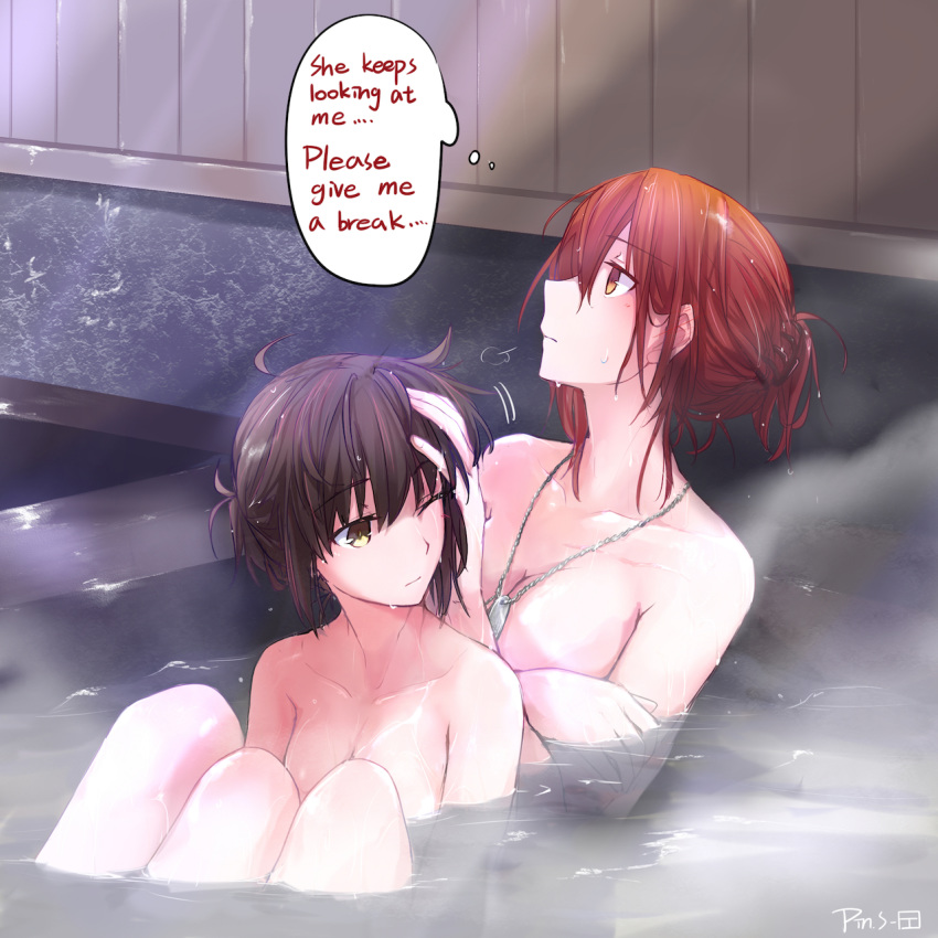 artist_name bath bathing blush breasts brown_hair cleavage dog_tags english female_admiral_(kantai_collection) hatsuzuki_(kantai_collection) highres kantai_collection multiple_girls nude onsen partially_submerged pin.s red_hair steam water wet yellow_eyes