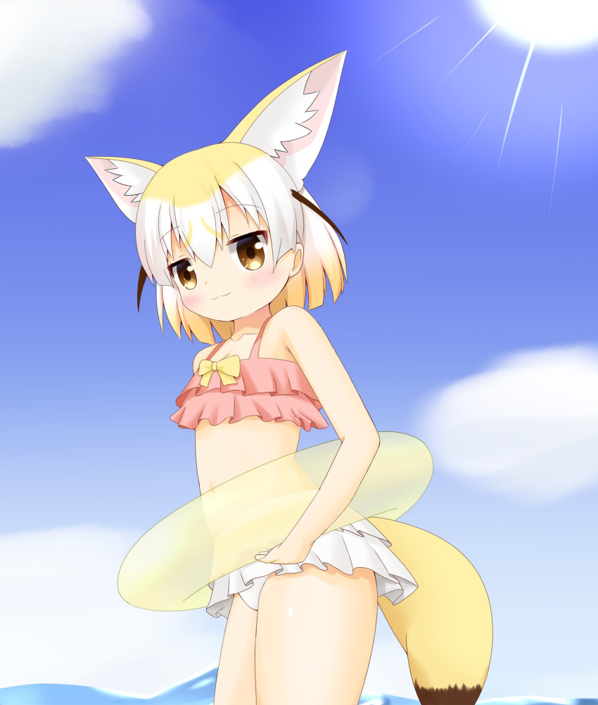adapted_costume animal_ear_fluff animal_ears bare_arms bare_shoulders blonde_hair blue_sky blush bow brown_eyes cloud cowboy_shot day extra_ears eyebrows_visible_through_hair fennec_(kemono_friends) fox_ears fox_girl fox_tail highres holding holding_innertube innertube kemono_friends looking_at_viewer multicolored_hair navel ocean outdoors pink_bikini_top shin01571 sky smile solo standing sun sunlight swimsuit tail transparent two-tone_hair white_bikini_bottom white_hair white_swimsuit yellow_bow yellow_innertube