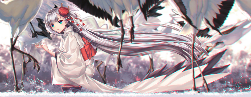absurdly_long_hair absurdres alternate_costume aono_meri azur_lane bangs bird black_gloves blue_eyes blurry blush breasts commentary_request crane_(animal) day depth_of_field eyebrows_visible_through_hair floating_hair flower geta gloves hair_flower hair_ornament hakama_lift highres japanese_clothes kimono large_breasts long_hair looking_at_viewer mole mole_under_eye obi open_mouth outdoors sash shoukaku_(azur_lane) sidelocks silver_hair solo squatting thighhighs very_long_hair wide_sleeves wind wind_lift