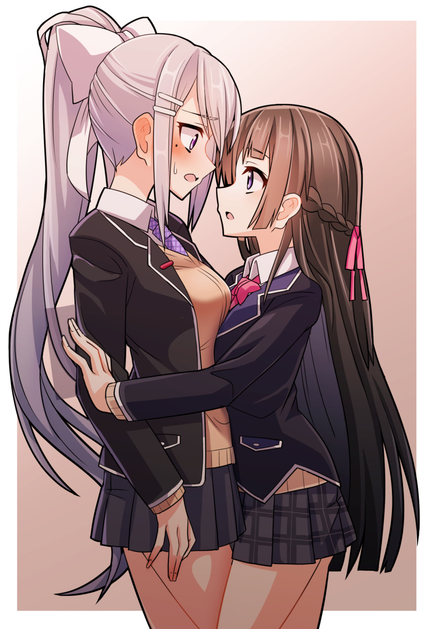 asymmetrical_docking black_hair blazer blush bow bowtie braid breast_press breasts commentary ear_blush eye_contact eyebrows_visible_through_hair french_braid hair_ornament hairclip height_difference highres higuchi_kaede jacket large_breasts long_hair long_sleeves looking_at_another mole mole_under_eye multiple_girls nijisanji open_mouth pleated_skirt ponytail purple_eyes school_uniform sideways_mouth silver_hair skirt sweatdrop sweater tanakara tsukino_mito virtual_youtuber wall_slam yuri