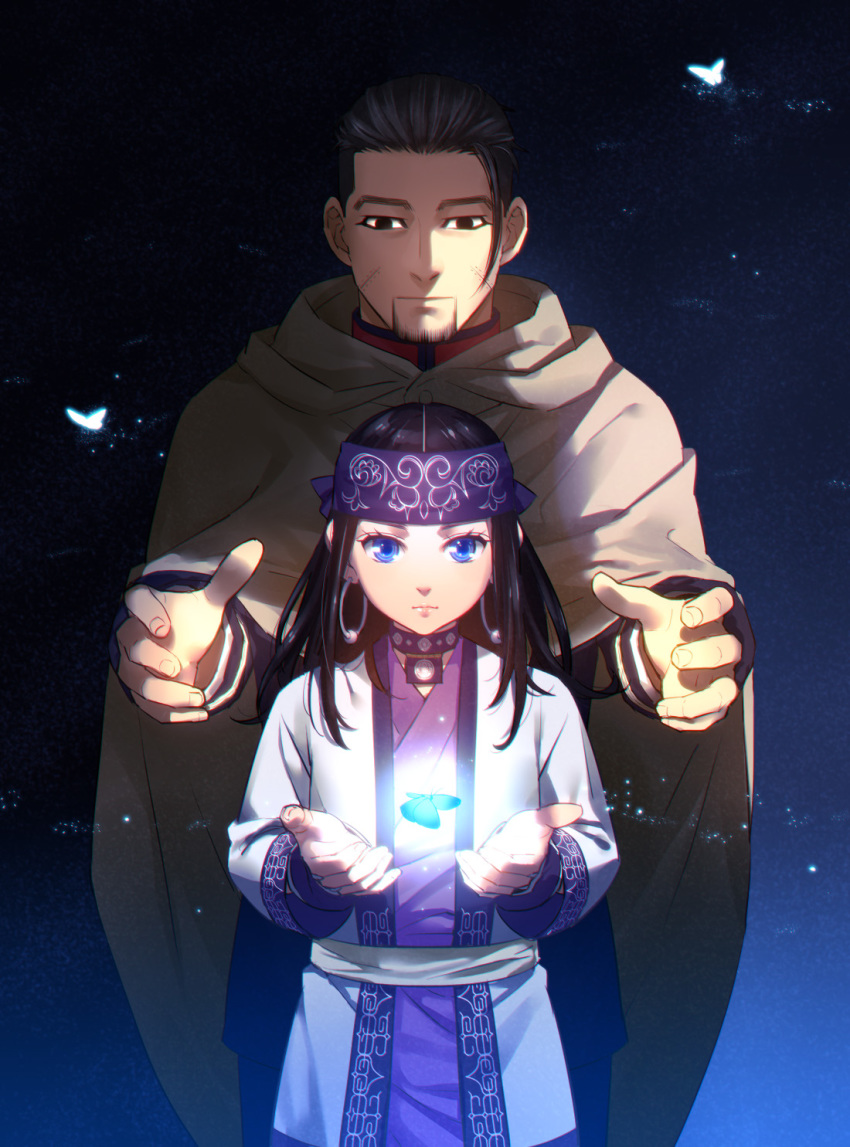 1girl asirpa bad_id bad_pixiv_id bandana beard black_hair blue_eyes bug butterfly earrings facial_hair facial_scar golden_kamuy grey_cape highres insect jewelry long_hair looking_at_viewer ogata_hyakunosuke scar scar_on_cheek standing tetsukuzu_tetsuko