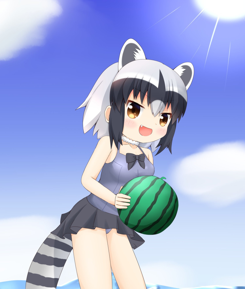 :d adapted_costume animal_ears bare_arms bare_shoulders black_bow black_hair blue_sky blush bow breasts brown_eyes casual_one-piece_swimsuit cloud common_raccoon_(kemono_friends) cowboy_shot day extra_ears eyebrows_visible_through_hair fang food fruit grey_hair highres holding holding_food holding_fruit kemono_friends looking_at_viewer multicolored_hair ocean one-piece_swimsuit open_mouth outdoors purple_swimsuit raccoon_ears raccoon_girl raccoon_tail shin01571 sky small_breasts smile solo standing sun sunlight swimsuit tail two-tone_hair watermelon