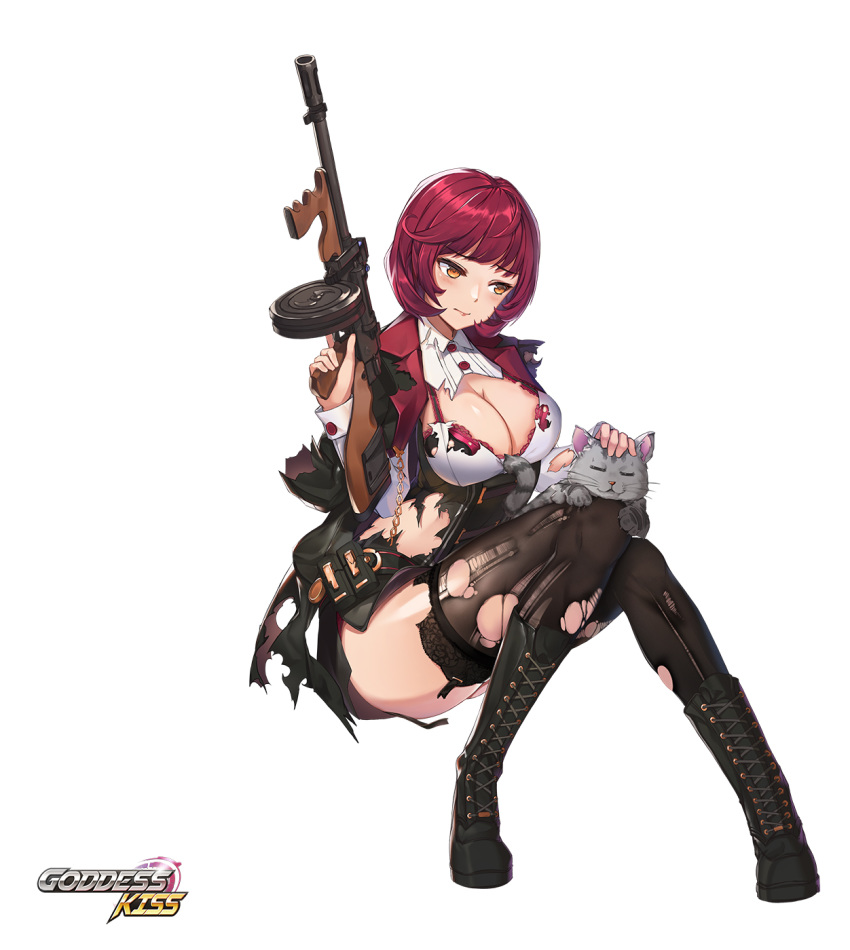 bangs black_coat black_footwear blush boots bra breasts brown_legwear cat cleavage closed_mouth cross-laced_footwear goddess_kiss gun highres holding holding_gun holding_weapon invisible_chair knees_together_feet_apart large_breasts long_sleeves looking_away milyu orange_eyes petting red_bra red_hair short_hair simple_background sitting solo submachine_gun thighhighs thompson_submachine_gun torn_clothes torn_legwear trigger_discipline underwear weapon white_background