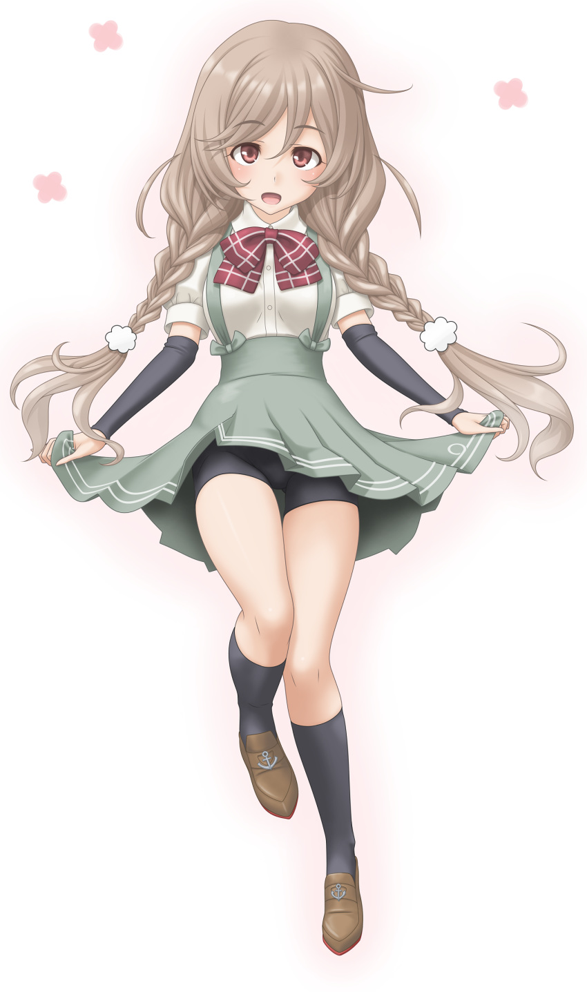 1girl absurdres anchor arm_warmers bike_shorts black_legwear bow bowtie braid breasts brown_eyes brown_footwear collared_shirt eyebrows_visible_through_hair full_body hair_between_eyes highres kantai_collection kneehighs light_brown_hair long_hair looking_at_viewer medium_breasts minegumo_(kantai_collection) open_mouth petals plaid_neckwear pleated_skirt red_neckwear school_uniform shirt shoes short_sleeves shorts shorts_under_skirt simple_background skirt skirt_hold smile solo standing standing_on_one_leg suspender_skirt suspenders t2r twin_braids white_background white_shirt