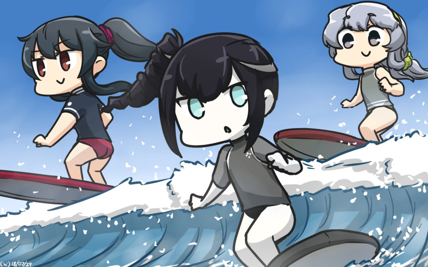 alternate_costume ancient_destroyer_oni black_hair blue_eyes commentary dated day drill_hair eyebrows_visible_through_hair hamu_koutarou highres kantai_collection long_hair multiple_girls ocean parted_lips ponytail purple_eyes red_eyes shinkaisei-kan silver_hair smile surfboard surfing waves white_skin yahagi_(kantai_collection) yamagumo_(kantai_collection)