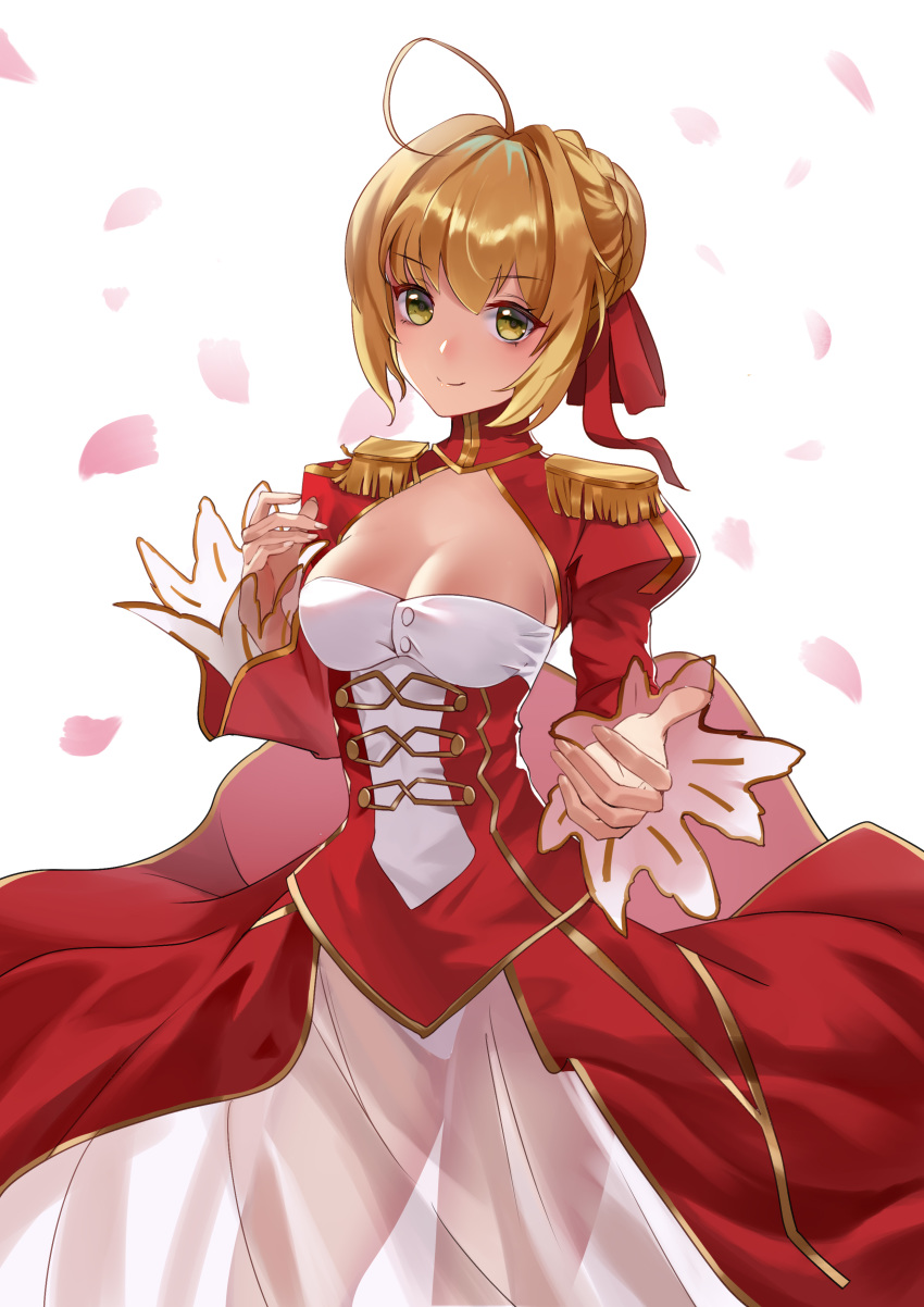 absurdres ahoge blonde_hair bow breasts cecilia_(oshigoto_boshuuchuu) cleavage closed_mouth cowboy_shot dress epaulettes fate/extra fate_(series) green_eyes hair_bow hair_bun hair_intakes highres leotard looking_at_viewer medium_breasts nero_claudius_(fate) nero_claudius_(fate)_(all) outstretched_hand petals pixiv_fate/grand_order_contest_1 red_bow red_dress see-through short_hair simple_background smile solo standing white_background white_leotard