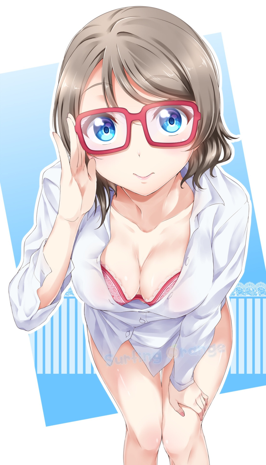 adjusting_eyewear artist_name blue_eyes bra breasts cleavage commentary eyebrows_visible_through_hair glasses grey_hair highres large_breasts long_sleeves looking_at_viewer love_live! love_live!_sunshine!! no_pants partially_unbuttoned red-framed_eyewear red_bra shirt short_hair solo surfing_orange underwear watanabe_you watermark white_shirt