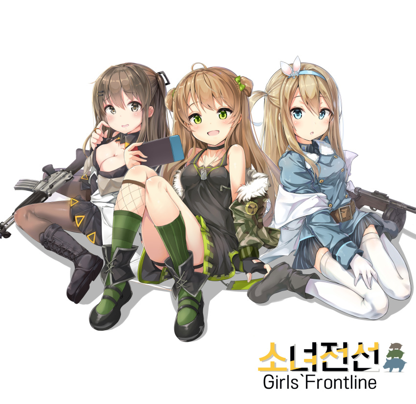 :d :o ahoge assault_rifle asymmetrical_legwear bangs bare_shoulders belt black_dress black_footwear black_gloves blonde_hair blue_coat blue_eyes blush boots bow breasts brown_eyes brown_hair buckle camouflage_jacket choker cleavage coat collarbone collared_coat copyright_name cross-laced_footwear daewoo_k2 dog_tags double_bun dress drum_magazine eyebrows_visible_through_hair fingerless_gloves fishnet_legwear fishnets frown fur-trimmed_jacket fur_trim girl_sandwich girls_frontline gloves green_eyes green_legwear grey_footwear gun hair_between_eyes hair_bow hair_ornament hairband hairclip handheld_game_console highres holding_handheld_game_console jacket k-2_(girls_frontline) knee_boots knees_up lace-up_boots large_breasts long_hair looking_at_viewer medium_breasts military military_uniform multiple_girls navel off_shoulder ohshit open_mouth panties pantyhose rfb_(girls_frontline) rifle sandwiched scratching_cheek shirt short_dress sidelocks simple_background sitting skirt smile snowflake_hair_ornament striped striped_legwear submachine_gun suomi_kp/-31 suomi_kp31_(girls_frontline) thigh_strap thighhighs thighs underwear uniform vertical-striped_legwear vertical_stripes wariza weapon white_background white_legwear