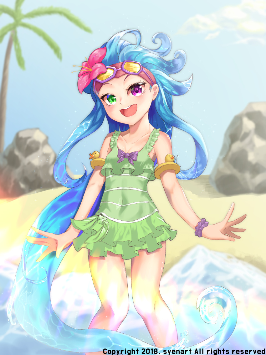 1girl absurdly_long_hair alternate_costume alternate_eye_color alternate_hair_color bare_shoulders bikini bow bowtie flower frilled_bikini frilled_skirt frills goggles hair_flower hair_ornament league_of_legends long_hair pool_party_zoe skirt swimsuit very_long_hair zoe_(league_of_legends)