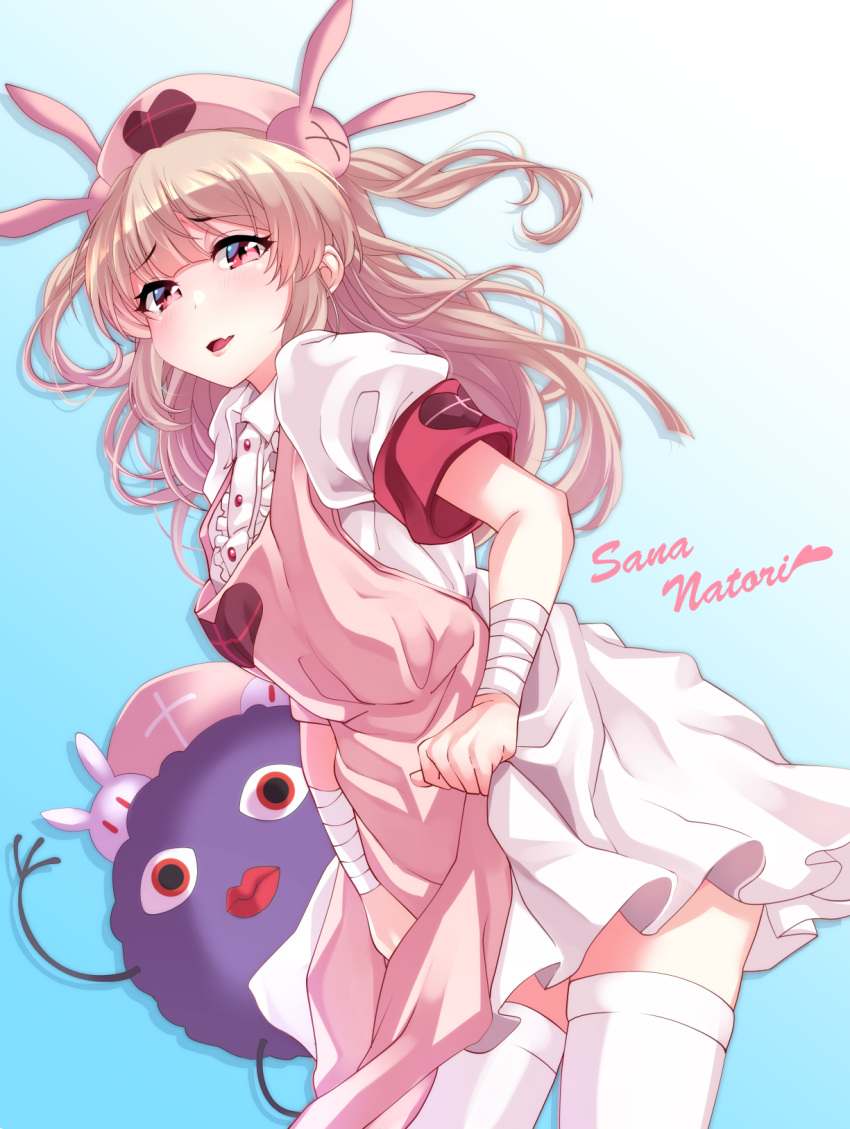 :d apron blue_background bunny_hair_ornament center_frills character_name commentary_request cursive dress fang gradient gradient_background hair_ornament hat heart highres light_brown_hair natori_sana nurse_cap open_mouth pink_apron puffy_short_sleeves puffy_sleeves red_eyes saana-kun sana_channel short_sleeves smile tdnd-96 thighhighs two_side_up virtual_youtuber white_dress white_legwear