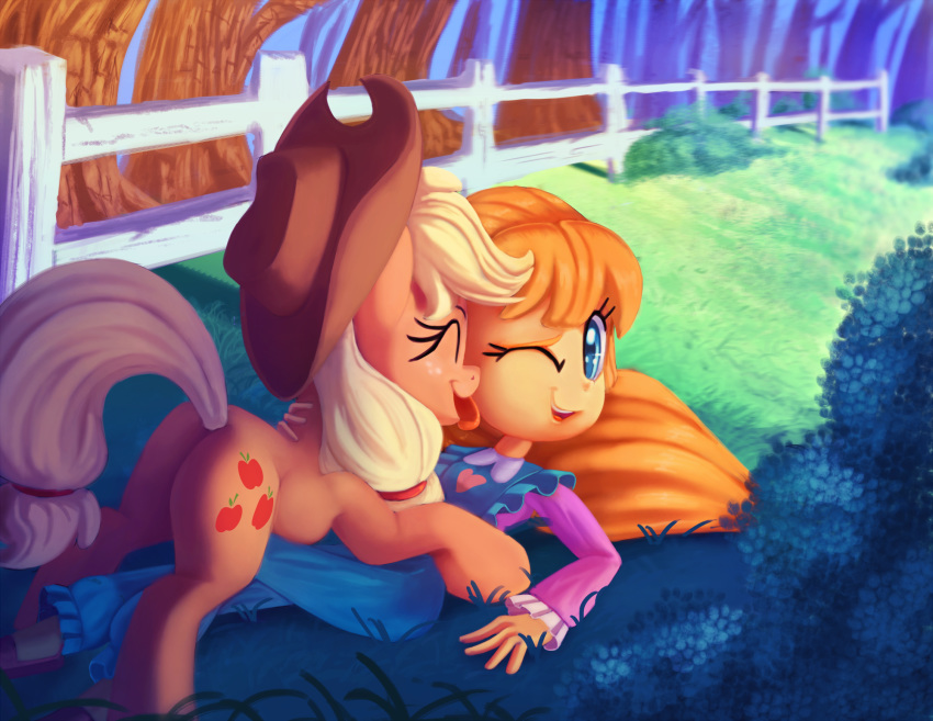 &lt;3 2018 applejack_(mlp) blonde_hair blue_eyes clothed clothing cowboy_hat cute cutie_mark detailed_background duo earth_pony equine eyebrows eyelashes eyes_closed face_lick female fence feral freckles friendship_is_magic fully_clothed grass hair hair_tie hat hi_res hooves horse human licking lying mammal megan_williams my_little_pony nude on_back on_top one_eye_closed open_mouth open_smile orange_hair outside plant pony shrub silly smile teeth thediscorded tongue tongue_out tree young