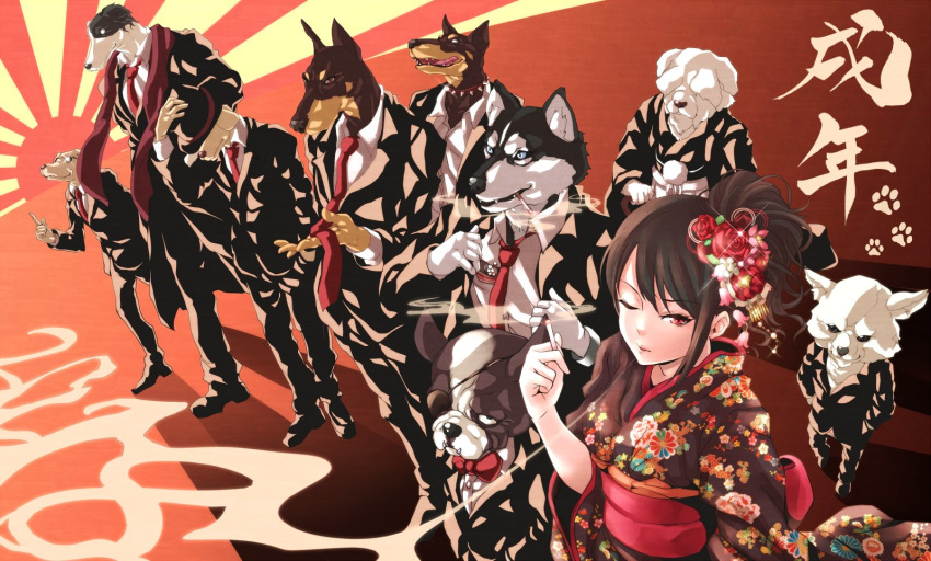 2018 6+boys chinese_zodiac cigarette collar commentary_request dog eyepatch fedora formal furry hair_ornament hakama hand_on_headwear hat highres japanese_clothes kanzashi kimono lineup mafia multiple_boys necktie new_year obi original pants ponytail red_background red_eyes red_neckwear sash smoking spiked_collar spikes standing suit sunburst tdnd-96 year_of_the_dog