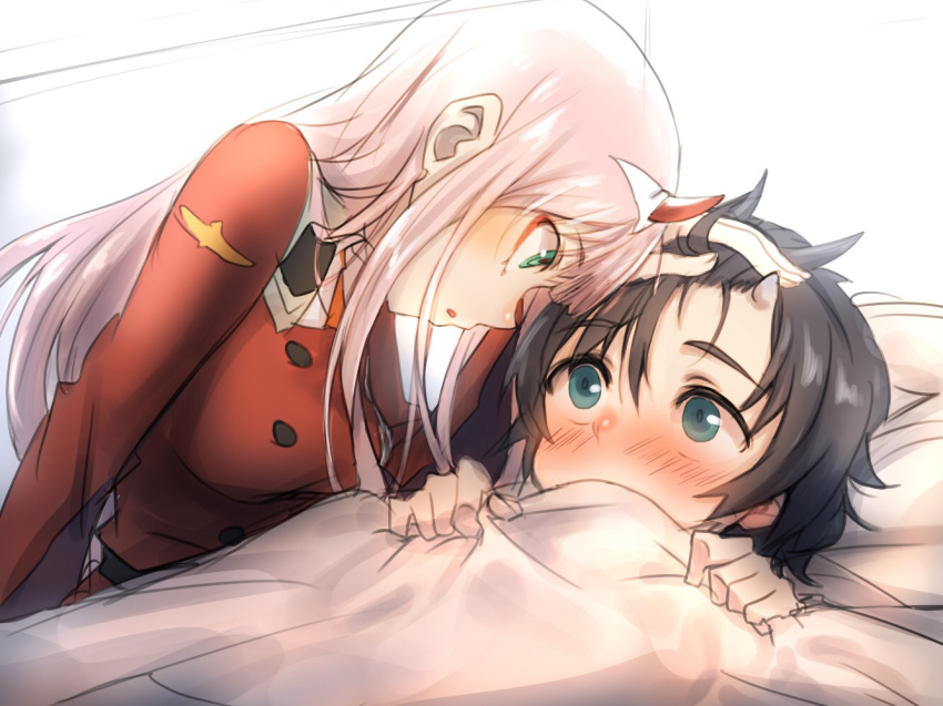 1girl bangs bed_sheet black_hair blue_eyes blue_horns blush breasts commentary couple darling_in_the_franxx eyebrows_visible_through_hair green_eyes hair_ornament hairband herozu_(xxhrd) hetero hiro_(darling_in_the_franxx) horns large_breasts long_hair looking_at_another lying military military_uniform necktie on_back oni_horns orange_neckwear pink_hair red_horns sheet_grab uniform white_hairband zero_two_(darling_in_the_franxx)