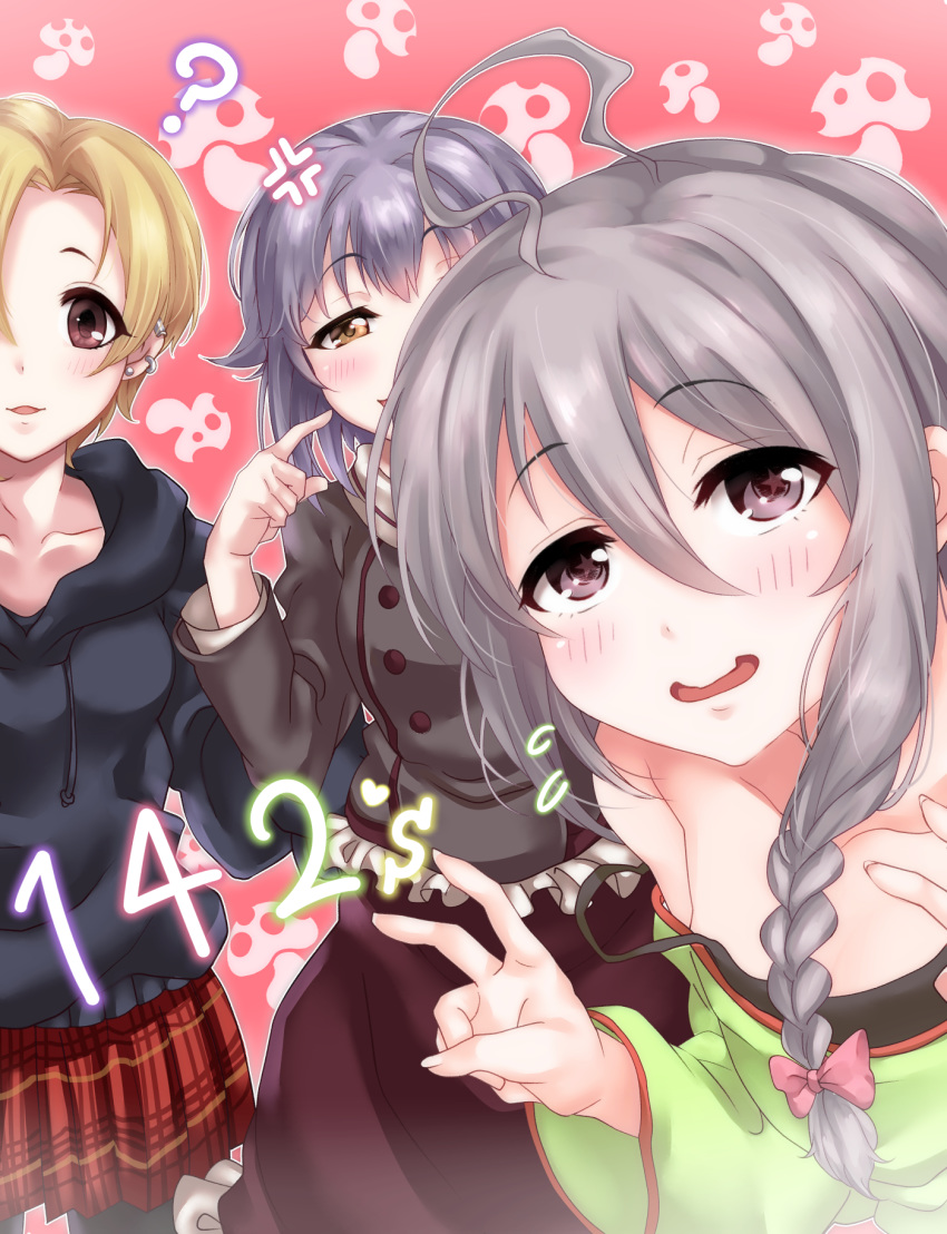 ? ahoge anger_vein black_camisole black_hoodie blonde_hair blush braid brown_eyes camisole collarbone commentary_request double_v ear_piercing flying_sweatdrops green_shirt group_name hair_between_eyes hidden_face highres hood hoodie hoshi_shouko idolmaster idolmaster_cinderella_girls idolmaster_cinderella_girls_starlight_stage kawaii_boku_to_142's koshimizu_sachiko multicolored multicolored_text multiple_girls mushroom nervous_smile open_mouth out_of_frame patterned_background piercing plaid plaid_skirt pleated_skirt pointing pointing_at_self purikura red_background shirasaka_koume shirt silver_hair skirt smile star star-shaped_pupils strap_slip symbol-shaped_pupils tdnd-96 v