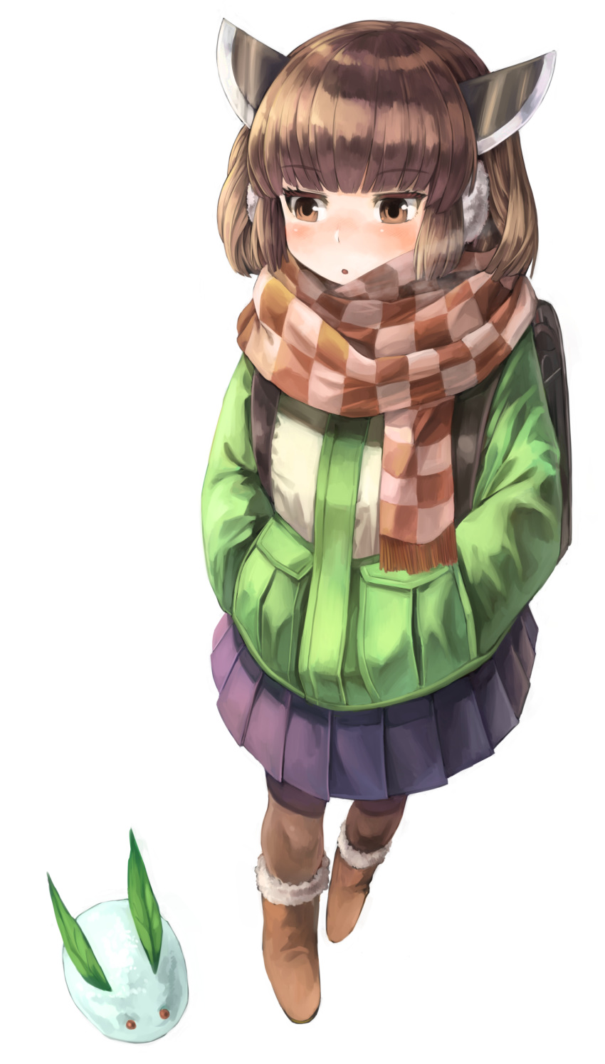 :o absurdres backpack bag bangs blush boots brown_eyes brown_footwear brown_hair brown_legwear checkered checkered_scarf coat earmuffs eyebrows_visible_through_hair full_body fur-trimmed_boots fur_trim green_coat hands_in_pockets highres long_sleeves netamaru open_mouth pantyhose pleated_skirt pocket purple_skirt scarf short_hair simple_background skirt snow_bunny solo touhoku_kiritan voiceroid white_background