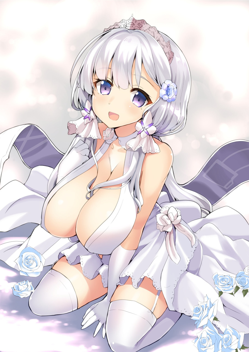 absurdres azur_lane bangs between_legs breasts cleavage cloud cloudy_sky collarbone commentary_request dress elbow_gloves eyebrows_visible_through_hair flower garter_straps gloves hair_between_eyes hair_flower hair_ornament hair_ribbon hand_between_legs highres illustrious_(azur_lane) kazuchi large_breasts long_hair looking_at_viewer mole mole_under_eye open_mouth pleated_skirt purple_eyes ribbon rose sitting skirt sky smile solo strapless strapless_dress thighhighs tiara tress_ribbon tri_tails white_dress white_flower white_gloves white_hair white_legwear white_rose