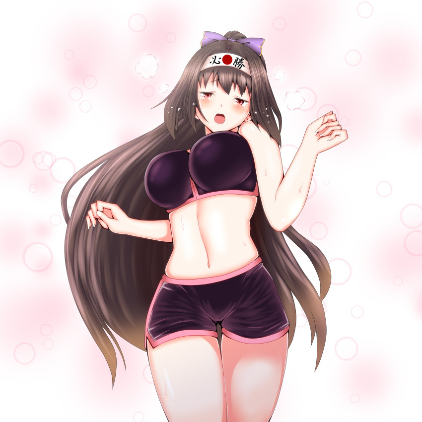 :o absurdres black_hair blush breasts commentary_request fate/grand_order fate_(series) girly_running hachimaki hair_ribbon headband highres impossible_clothes impossible_shirt large_breasts long_hair mattyakinako_(odango_imomushi) midriff osakabe-hime_(fate/grand_order) red_eyes ribbon shirt shorts solo