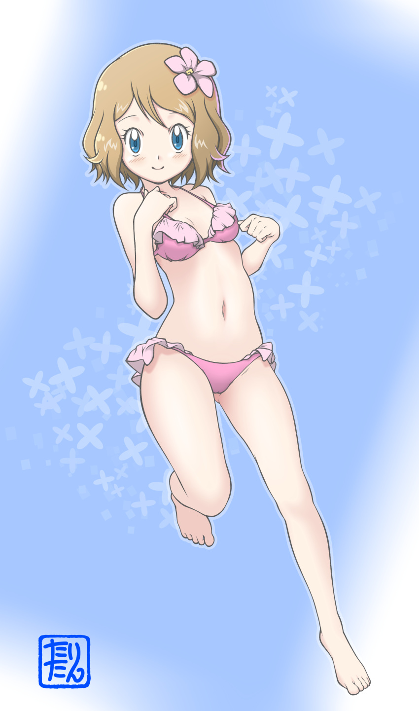 absurdres barefoot bikini blue_background blue_eyes blush breasts brown_hair cleavage flower full_body hair_flower hair_ornament highres leg_up looking_at_viewer navel pink_bikini pink_flower pokemon pokemon_(anime) serena_(pokemon) short_hair small_breasts smile solo swimsuit tax2rin