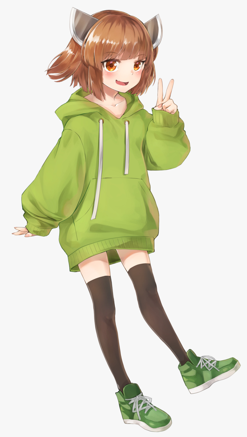 :d arm_at_side bangs black_legwear blush brown_hair collarbone eyebrows_visible_through_hair fang full_body green_footwear green_hoodie hand_up highres hood hood_down hoodie long_sleeves netamaru open_mouth orange_eyes over-kneehighs shoes short_hair simple_background sleeves_past_wrists smile sneakers solo thighhighs touhoku_kiritan v voiceroid white_background