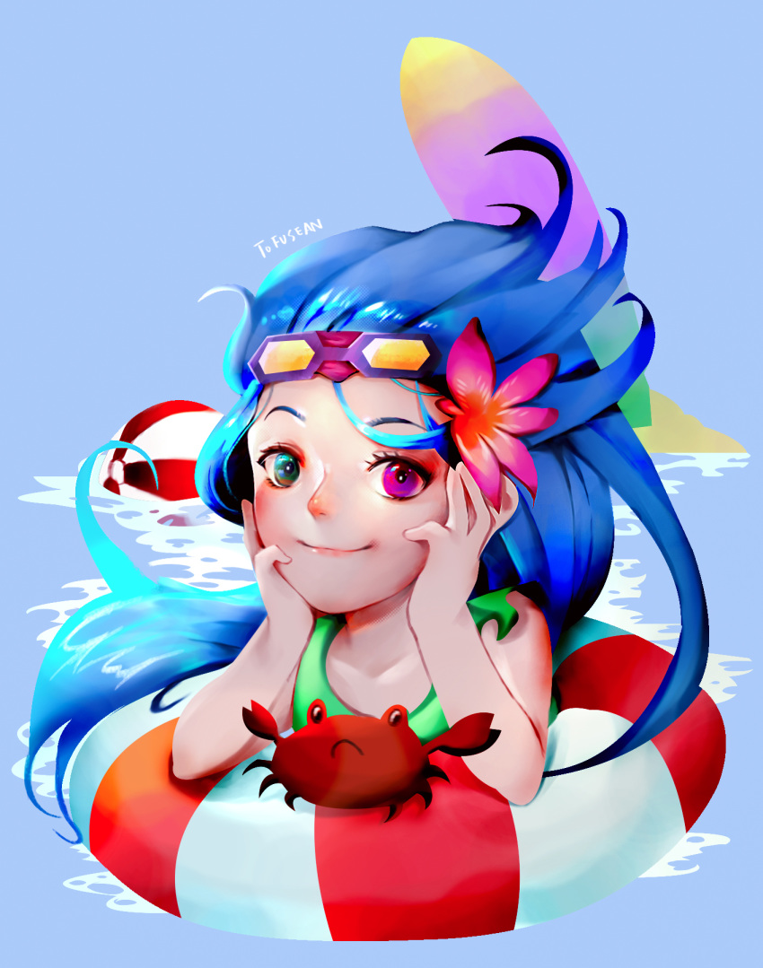 1girl absurdly_long_hair alternate_costume alternate_eye_color alternate_hair_color bare_shoulders bikini bow bowtie flower frilled_bikini frilled_skirt frills goggles hair_flower hair_ornament league_of_legends long_hair pool_party_zoe skirt swimsuit very_long_hair zoe_(league_of_legends)