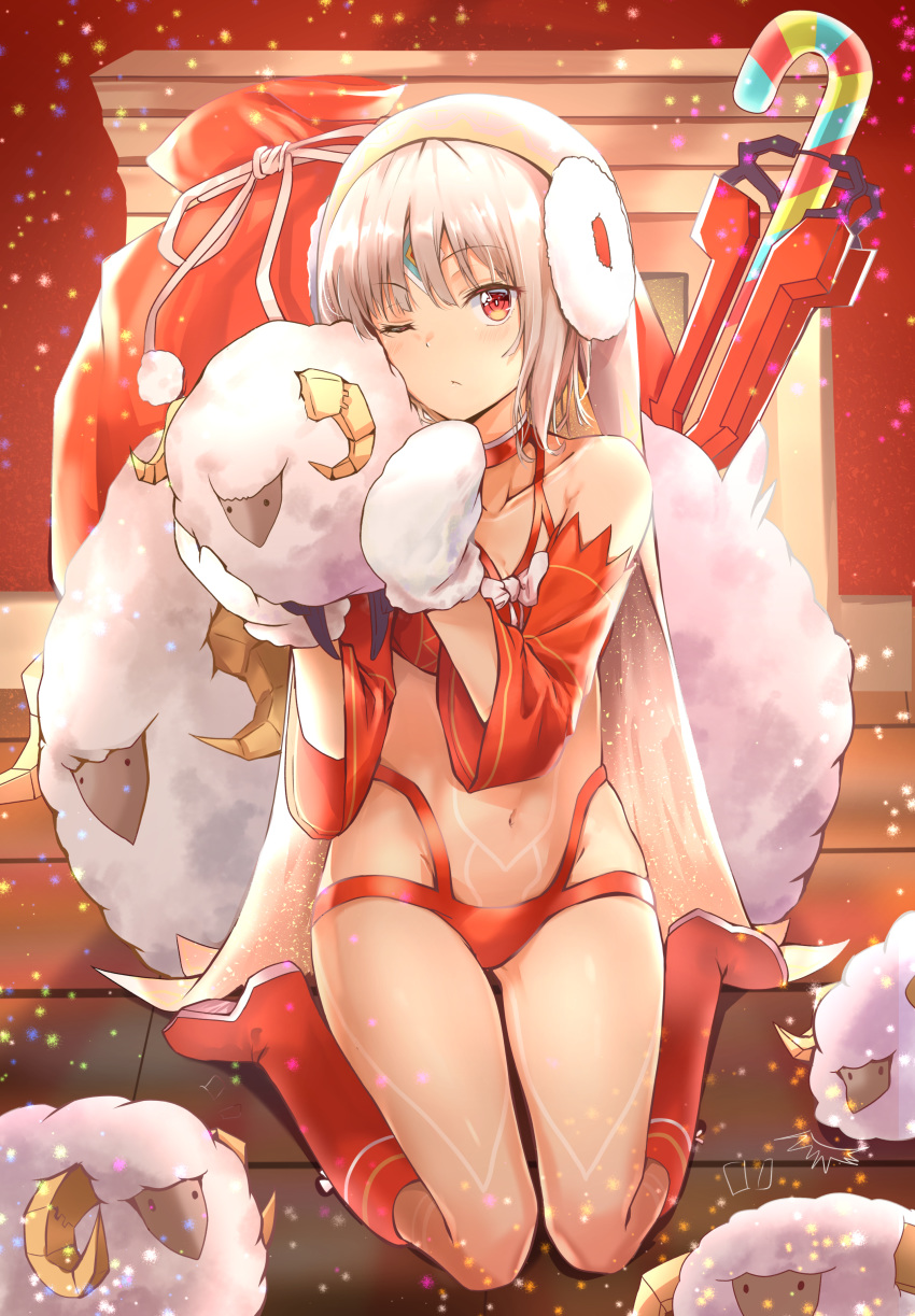 absurdres altera_(fate) altera_the_santa bangs bare_shoulders bikini blush boots bow candy candy_cane choker christmas dark_skin detached_sleeves earmuffs eyebrows_visible_through_hair fate/grand_order fate_(series) fireplace food forehead_jewel full_body gift_bag gloves highres looking_at_viewer mittens navel one_eye_closed red_bikini red_choker red_eyes red_footwear sheep short_hair sitting solo sunhyun swimsuit tattoo veil wariza white_bow white_gloves white_hair