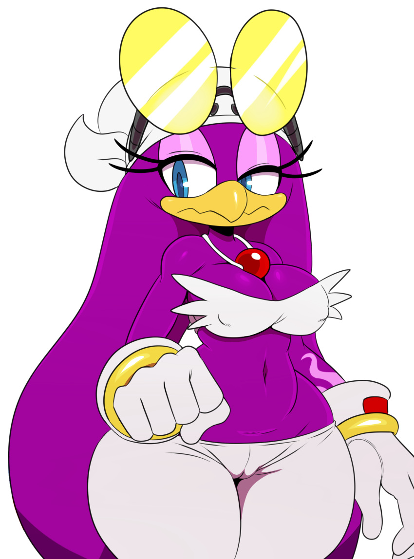 2018 anthro avian beak bird blue_eyes bracelet breasts camel_toe cleavage clothed clothing crop_top eyewear female goggles half-closed_eyes jewelry midriff necklace nipple_bulge purple_body shirt simple_background sonic_(series) sonic_riders sssonic2 swallow_(bird) thick_thighs wave_the_swallow wide_hips