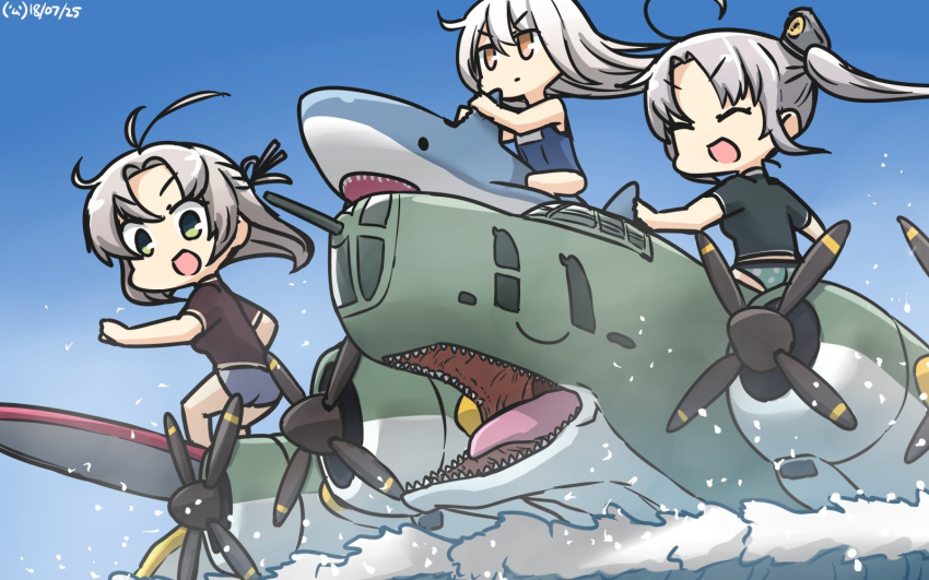 :d ^_^ ^o^ ahoge akitsushima_(kantai_collection) alternate_costume antenna_hair closed_eyes commentary dated green_eyes grey_hair hamu_koutarou highres kantai_collection kikuzuki_(kantai_collection) kinugasa_(kantai_collection) long_hair multiple_girls nishikitaitei-chan one_side_up open_mouth orange_eyes purple_hair shark sharp_teeth short_sleeves side_ponytail smile teeth v-shaped_eyebrows white_hair