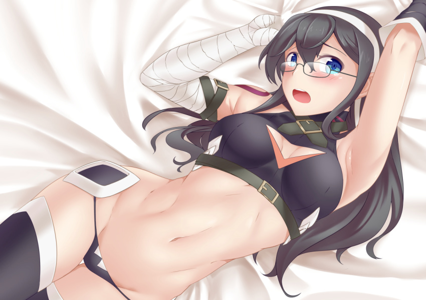 abs armpits bandages belt black_hair blue_eyes blush breasts commentary_request cosplay fate/grand_order fate_(series) glasses hair_between_eyes hairband headband jack_the_ripper_(fate/apocrypha) jack_the_ripper_(fate/apocrypha)_(cosplay) kantai_collection long_hair looking_at_viewer lying medium_breasts navel on_back ooyodo_(kantai_collection) open_mouth solo thealagator