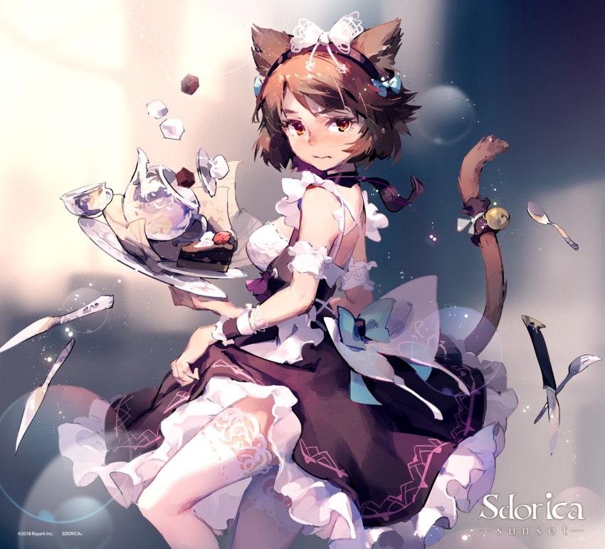animal_ears bangs blue_bow blush bow breasts brown_eyes brown_hair cake cat_ears cat_tail copyright_name cup food hair_bow holding holding_tray kittyeyes knife looking_at_viewer maid medium_breasts official_art sdorica_-sunset- skirt skirt_lift slice_of_cake slit_pupils solo standing sugar_cube swept_bangs tail teacup teapot tennohi thighhighs tray watermark white_bow white_legwear wrist_cuffs