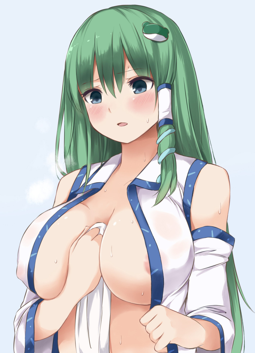absurdres areolae bare_shoulders between_breasts blue_background blue_eyes blush breasts breath collarbone commentary_request covered_nipples detached_sleeves eyebrows_visible_through_hair frog_hair_ornament green_hair hair_between_eyes hair_ornament hair_tubes hand_between_breasts highres holding holding_towel kochiya_sanae large_breasts long_hair long_sleeves open_clothes open_shirt parted_lips shirt simple_background single_sidelock snake_hair_ornament solo sweat techi_(techi35499) touhou towel upper_body white_shirt wide_sleeves wing_collar