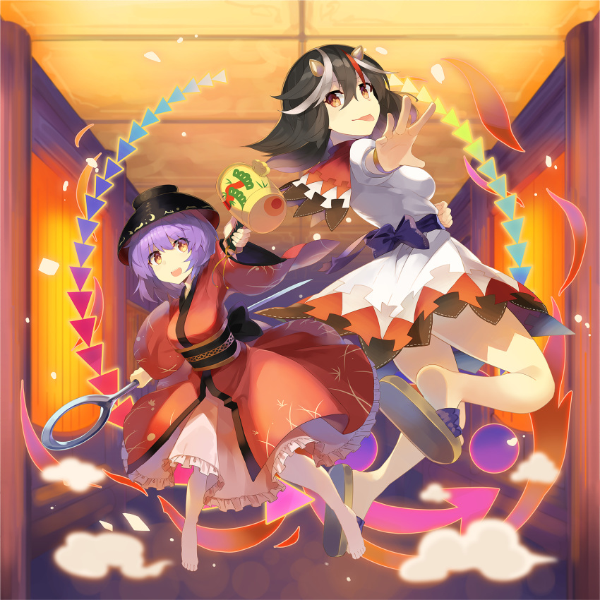 :d :p barefoot black_hair black_hat blue_sash bowl bowl_hat bracelet breasts brown_footwear commentary_request directional_arrow dress eyebrows_visible_through_hair hair_between_eyes hat highres holding holding_mallet holding_needle horns indoors japanese_clothes jewelry kijin_seija kimono long_sleeves looking_at_viewer medium_breasts medium_hair miracle_mallet multicolored_hair multiple_girls needle obi open_mouth outstretched_arm petticoat puffy_short_sleeves puffy_sleeves purple_hair reaching_out red_eyes red_hair red_kimono rin_falcon sailor_collar sandals sash short_hair short_sleeves smile smoke streaked_hair sukuna_shinmyoumaru taut_clothes taut_dress thighs tongue tongue_out touhou white_dress white_hair wide_sleeves