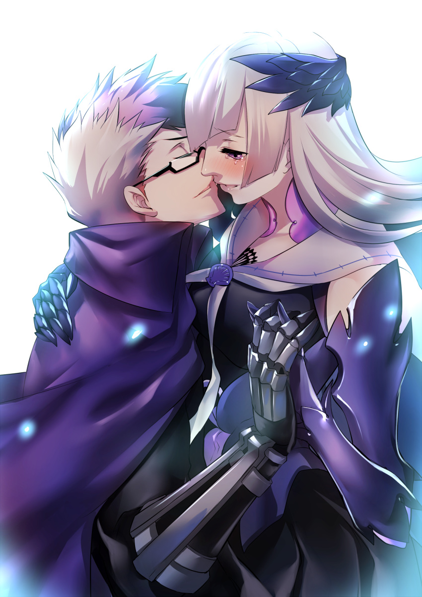 1girl armor armored_dress bangs black_skirt blunt_bangs brynhildr_(fate) cape closed_eyes couple fate/grand_order fate_(series) glasses gloves hetero highres imminent_kiss long_hair multicolored_hair popped_collar purple_cape purple_eyes purple_hair rahato sigurd_(fate/grand_order) simple_background skirt tears two-tone_hair upper_body white_background white_hair